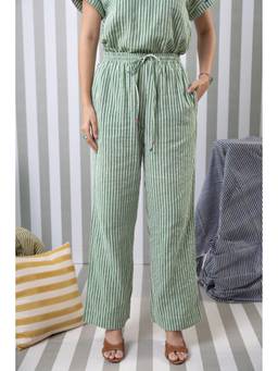 RATAN JAIPUR - Striped Double Gauze Lounge Green Pant