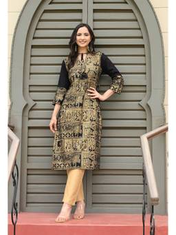 SAK JAIPUR - Women Rayon Printed Straight Black Kurta