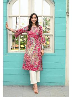 SAK JAIPUR - Women Rayon Printed Keyhole Neck Straight Pink Kurta