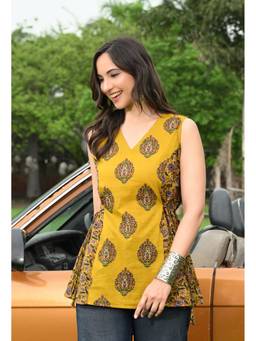 SAK JAIPUR - Women Cotton Printed V-Neck Hip Length Sleeveless A-Line Kurta