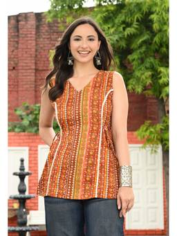 SAK JAIPUR - Women Rayon Printed V-Neck Hip Length Sleeveless A-Line Kurta
