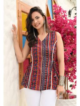 SAK JAIPUR - Women Rayon Printed V-Neck Hip Length Sleeveless A-Line Kurta