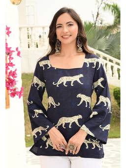 SAK JAIPUR - Women Rayon Printed Square Neck Straight Blue Kurta