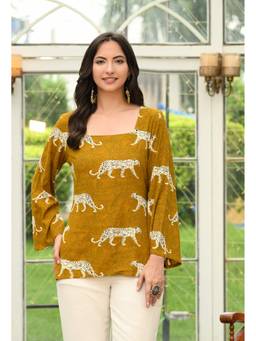 SAK JAIPUR - Women Rayon Printed Square Neck Straight Yellow Kurta