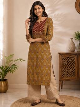 SAK JAIPUR - Women Rayon Printed Straight Mustard Kurta