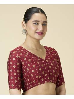 Studio Shringaar - Women's Cotton Silk Gold Foil Printed (Smocked) Maroon Saree Blouse