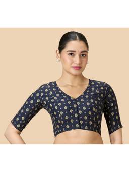 Studio Shringaar - Women's Cotton Silk Gold Foil Printed (Smocked) Navy Blue Saree Blouse