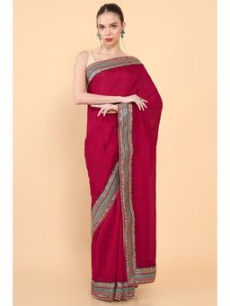 Soch - Women Red Cotton Silk Solid/Plain Saree with Unstitched Blouse