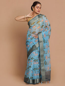 Indethnic - Banarasi Blue Printed Party Wear Saree With Unstitched Blouse