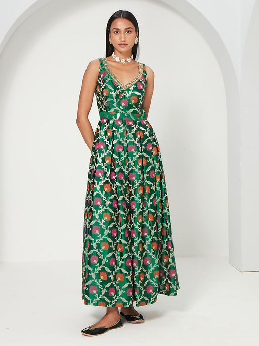green brocade dress Midi Pia Margot Discover elegance with our Brocade Bamboo Dress Green Brocade Silk Slip Dress