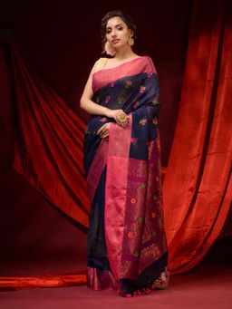 CHARUKRITI - Deep Blue Cotton Handspun Floral Motifs and Zari Designs Saree with Unstitched Blouse