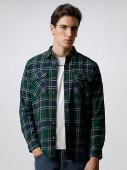 The Bear House - Men Green & Blue Checked Flannel Cotton Casual Shirt With Flap Pockets