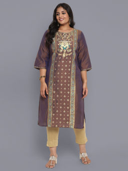 Aurelia - Brown Round Neck Printed Straight Kurta