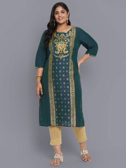 Aurelia - Green Round Neck Printed Straight Kurta