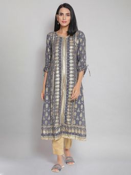 Aurelia - Grey Round Neck Printed Straight Kurta