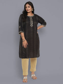 Aurelia - Black Round Neck Embroidered Straight Kurta