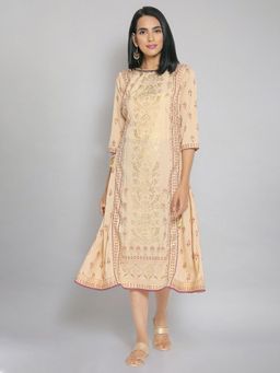 Aurelia - Beige Foil Print Flared Dress