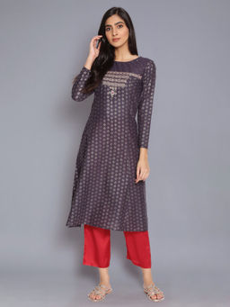 W - Navy Blue Printed Kurta with Embroidery