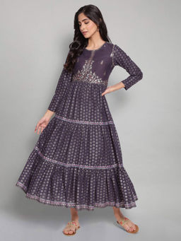 W - Navy Blue Printed Dress With Embroidery