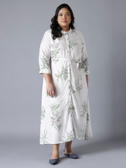 W - Ecru Floral Print Shirt Collar Dress