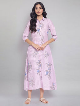 W - Light Pink Floral Print Shirt Collar Dress
