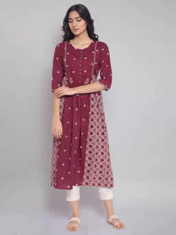 W - Maroon Flared Gathered Dress With Embroidery