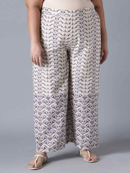 W - Ecru And Purple Printed Parallel Pants