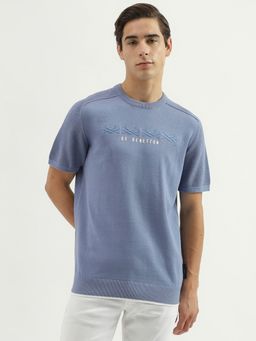 United Colors of Benetton - Mens Regular Fit Crew Neck Embroidered T-Shirt - Blue