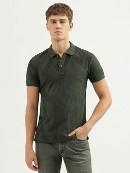 United Colors of Benetton - Mens Regular Fit Polo Neck Textured T-Shirt - Olive