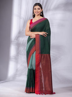 CHARUKRITI - Bottle Green Pure Cotton Handwoven Soft Saree & Zari Pallu with Unstitched Blouse