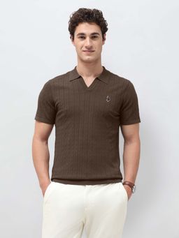 U.S. POLO ASSN. - Men's Brown Textured Vertical Striped Slim Fit Polo T-Shirt