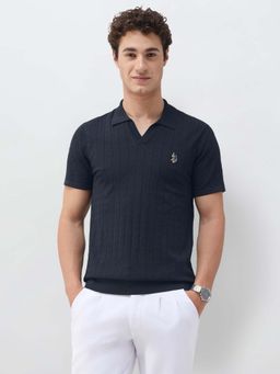 U.S. POLO ASSN. - Men's Navy Blue Textured Vertical Striped Slim Fit Polo T-Shirt