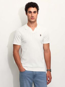 U.S. POLO ASSN. - Men's White Textured Vertical Striped Slim Fit Polo T-Shirt