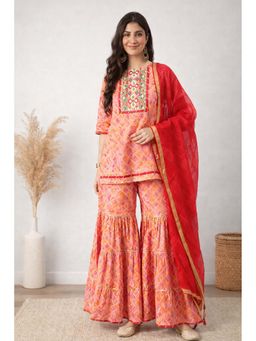 WineRed - Women Orange Cotton Embroidered Kurta with Sharara and Dupatta