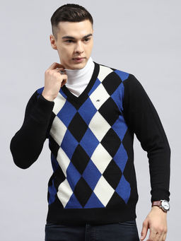 Monte Carlo - Mens Black Geometric V Neck Full Sleeve Pullover