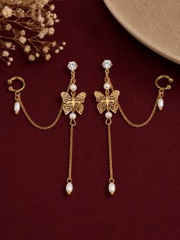 Fabula - Gold Tone Butterfly Pearl Chain Fashion Earrings