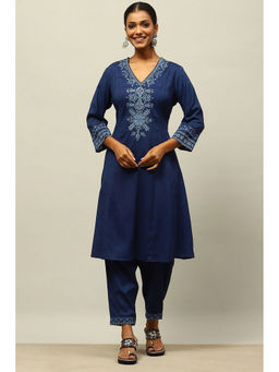 Rangriti - Blue Viscose Blend Straight Embroidered Kurta with Trouser (Set of 2)