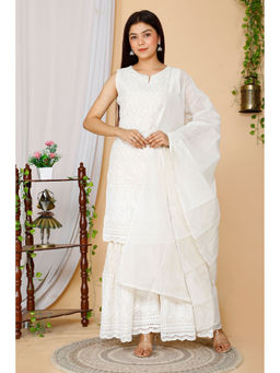 Doriyaan - White Chikankari Cotton Kurta with Sharara and Dupatta (Set of 3)