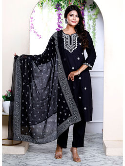 Doriyaan - Chikankari Embroidery Black Straight Kurta with Palazzo and Dupatta (Set of 3)