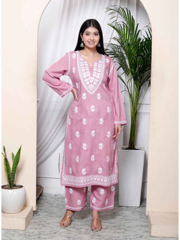 Doriyaan - Chikankari Embroidery Pink Straight Kurta Palazzo (Set of 2)