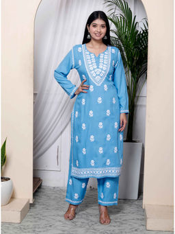Doriyaan - Chikankari Embroidery Sky Blue Straight Kurta and Palazzo (Set of 2)