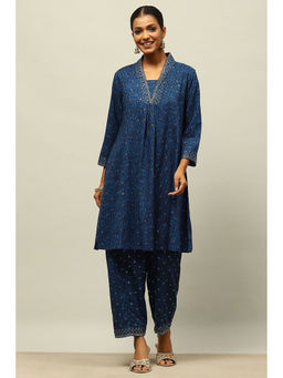 Rangriti - Blue Rayon Kalidar Printed Kurta with Trouser (Set of 2)