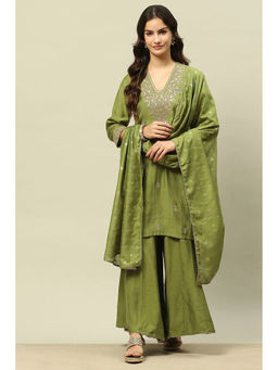 Rangriti - Golden-Olive Viscose Blend Embroidered Kurta with Sharara and Dupatta (Set of 3)