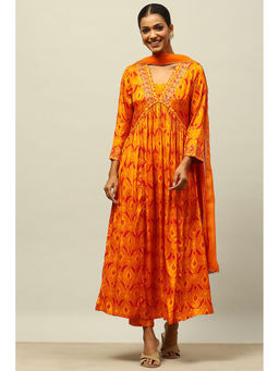 Rangriti - Mustard Yellow Viscose Shantoon Printed Kurta with Trouser with Dupatta (Set of 3)