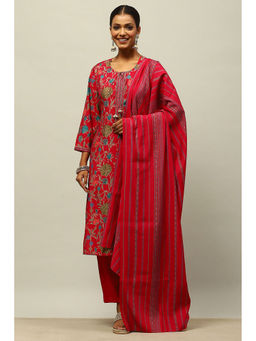 Rangriti - Magenta Viscose Muslin Straight Printed Kurta with Salwar and Dupatta (Set of 3)