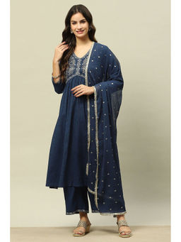 Rangriti - Teal Blue Viscose Muslin A-Line Embroidered Kurta Salwar Pant Suit Set (Set of 3)