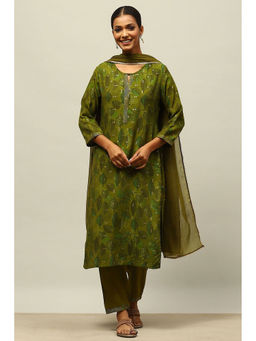 Rangriti - Green Viscose Blend Straight Solid Kurta with Trouser with Dupatta (Set of 3)