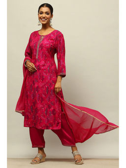 Rangriti - Magenta Rayon Gathered Floral Printed Kurta with Trouser with Dupatta (Set of 3)