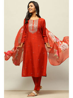Rangriti - Rust-Red Viscose Blend Straight Solid Kurta with Trouser with Dupatta (Set of 3)