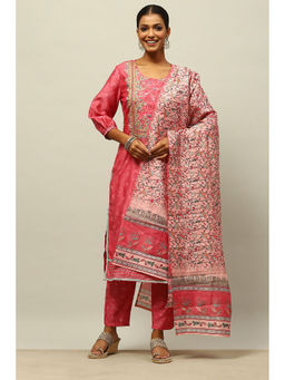 Rangriti - Off White Rayon Gathered Floral Printed Kurta with Trouser with Dupatta (Set of 3)